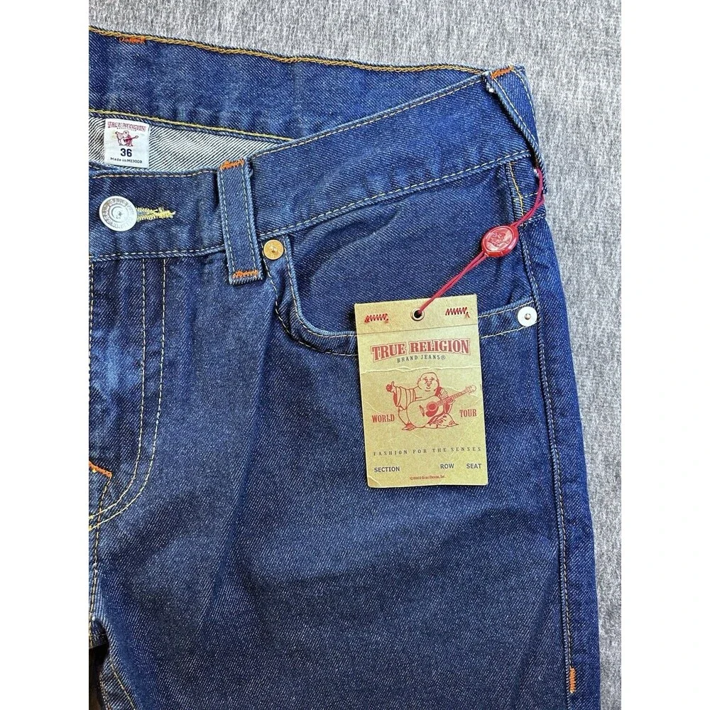 229$ True Religion World Tour Body Rinse Straight Flap Dark Wash Jeans Sz 36x34
